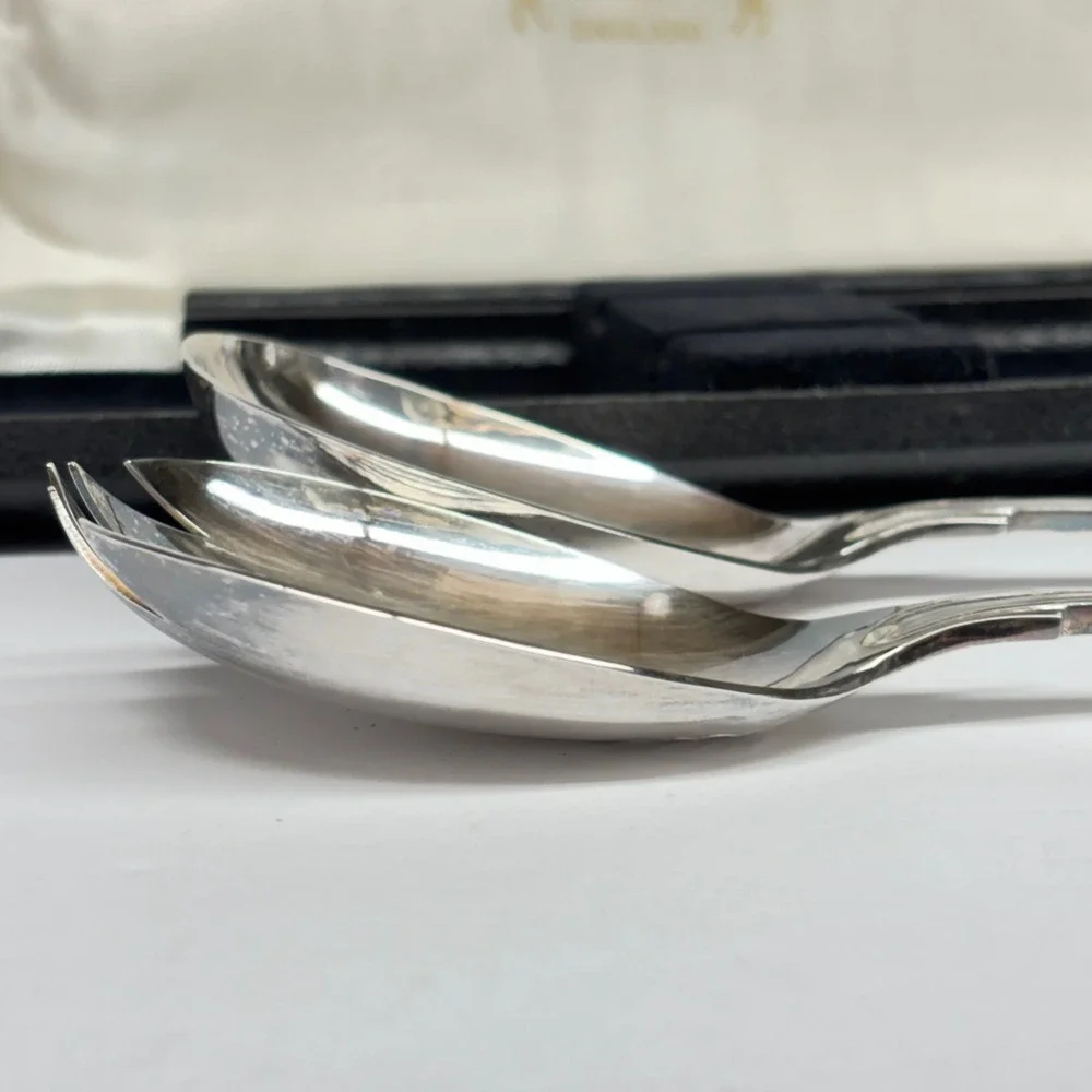 Sheffield Silver Plate Serving Spoons Salad Servers Box Kings England Vintage
